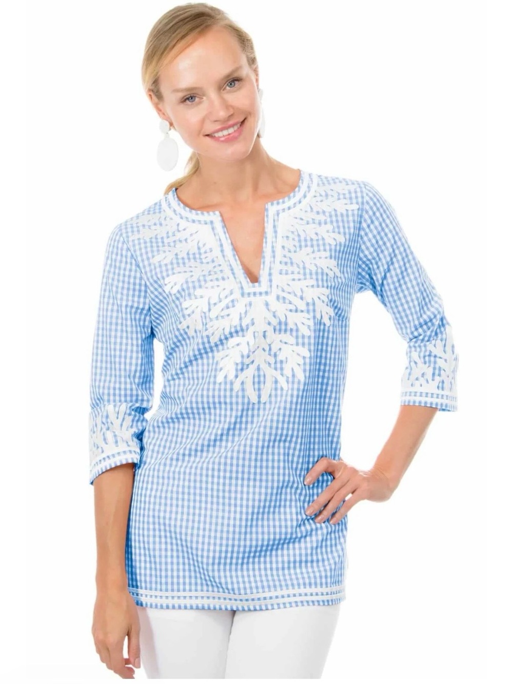Gretchen Scott Blue & White Gingham Embroidered Tunic